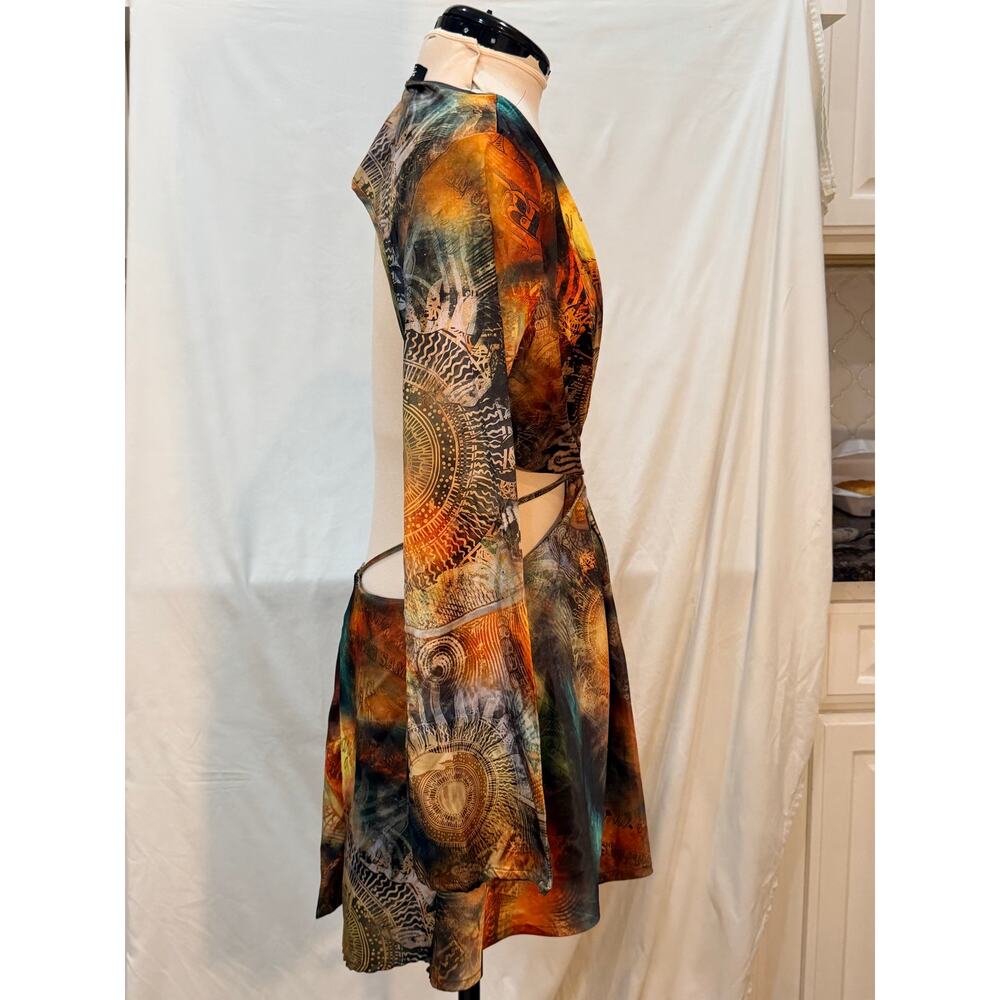 Jaded London Celestial Print Cutout Mini Dress Bell Sleeve Open Back Size 8 - Picture 3 of 6